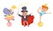 Circus Artists with Hippo Balancing on the Ball and Magician Showing Tricks Vector Set