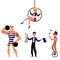 Circus artists - strongman, illusionist, aerial gymnast and juggler