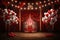 Circus background with red and white balloons, podium and circus tent, A classic birthday background with red and white striped