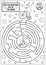 Circus black and white maze for kids with bear on bicycle. Amusement show preschool line printable activity with cute animal