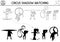 Circus black and white shadow matching activity with cute gymnasts. Amusement show line puzzle. Find correct silhouette printable