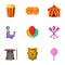 Circus chapiteau icons set, cartoon style