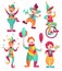 Circus clowns. Cartoon clown comedian juggling, funny clowns nose or jester party circus costume. Vector illustration