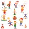 Circus Clowns Cute Funny Different Positions and Actions Character Icons Set Retro Cartoon Design Vector Illustration