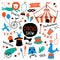 Circus cute symbols set. Shapito show with tent, animals, acrobat and magician equipment. Funny doodle hand drawn illustration.