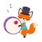 Circus Fox Animal in Top Hat Beating Drum Performing Trick Vector Illustration