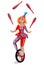 Circus girl juggler on a unicycle