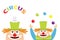 Circus icon set. Clown juggler face head looking up to juggling balls. Rabbit hare in magician magic hat. Eyes, red nose, mouth