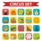 Circus icon set, flat, cartoon style. Set on a white background with elephant, lion, Sealion, gun, clown