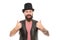 Circus magic trick performance. Magician circus worker. Man bearded guy cheerful face solve problem as magician