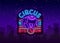 Circus neon sign. Big show design template, logo with elephant in neon style, circus character, neon banner, bright