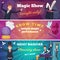 Circus party banners. Magic show with wizard characters circus tricks vector cartoons background
