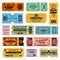 Circus, party and cinema vector vintage admission tickets templates