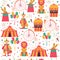 Circus pattern with clown, bike, balloons, rabbit in hat and lion.