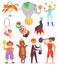 Circus people vector acrobat and clown with trained animals characters in circus-tent illustration set of magician and