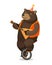 Circus performance. Happy bear rides unicycle and plays balalaika. Cartoon vector illustration