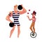 Circus performers - strong man and clown juggling balls riding unicycle