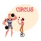 Circus performers - strong man and clown juggling balls riding unicycle