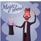 Circus poster with magician. Magician holding a hat with rabbit. Cartoon vector illustration.