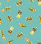 Circus seamless pattern with cartoon tigers on the blue dots background. Carnival design.