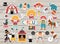 Circus stickers collection. Big vector sticker pack with street show artists, clowns, marquee, animals. Festival or carnival