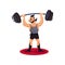 Circus strong man holding heavy barbell over his head. Guy with black mustaches. Cartoon vector design