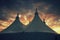 Circus tent with colorful cloudy sky