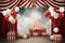 Circus tent with red curtain and white balloons. 3d rendering, A classic birthday background with red and white striped circus
