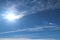 Cirrus clouds on a clear blue sky. Weather forecast. Water in a gaseous state in nature. The atmosphere of the earth. The effect o