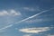 Cirrus clouds on a clear blue sky. Weather forecast. Water in a gaseous state in nature. The atmosphere of the earth. The effect o