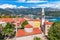 Citadel and the tower of St John the Baptists Church, Budva old town aerial view, Montenegro