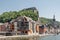 Citadelle and right north bank of Meuse River with houses in Dinant, Belgium