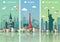 Cities skylines set. Flat landscapes vector illustration. London, Paris and New York cities skylines design with landmarks