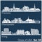 Cities of USA - Fremont, Chesapeake, Irving. Detailed architecture. Trendy vector illustration.