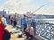 Citizens fishing on the Galata bridge. Istanbul, Turkey.