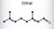 Citral, lemonal, geranial molecule. A volatile oil component, used to make other chemicals. Skeletal chemical formula