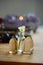 Citrine Crystal Towers on wood table. Natural lighting with macro lens, rainbow stones. Tibetan Signing Bowl, romantic setting