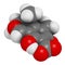 Citrinin mycotoxin molecule. 3D rendering. Atoms are represented as spheres with conventional color coding: hydrogen (white),