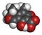 Citrinin mycotoxin molecule. 3D rendering. Atoms are represented as spheres with conventional color coding: hydrogen (white),