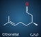 Citronellal, rhodinal molecule. It is monoterpenoid aldehyde. Structural chemical formula on the dark blue background