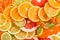 Citrus background. Variation of slices of fruits.