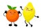 Citrus characters. Lemon and orange with arms and legs on a white background. Smiles and eyes on their faces. Cheerful fruit
