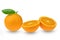 Citrus clementine or tangerine with leaf and half slices