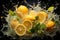 Citrus explosion suspended, fresh lemon and splash create a captivating advertising scene