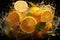 Citrus explosion suspended, fresh lemon and splash create a captivating advertising scene