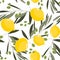 Citrus floral seamless pattern with colorful lemons and olive branch. Summer background with graphic yellow fruits.