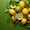 Citrus freshness Lemons and oranges with leaves on green backdrop