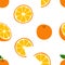 Citrus fruit. Oranges. Orange whole and cut, half and slices. Vitamin C. Vector seamless pattern with elements in warm