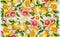 Citrus fruits background made with whole, halves and slices of various citrus with green leaves. Top view. Flat lay. Healthy