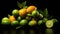 Citrus fruits on a black background. Lemons, limes and lime. Generative AI